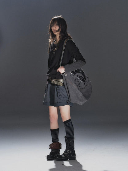 wear And tear Black Gray Spliced Double Collar Button Women&