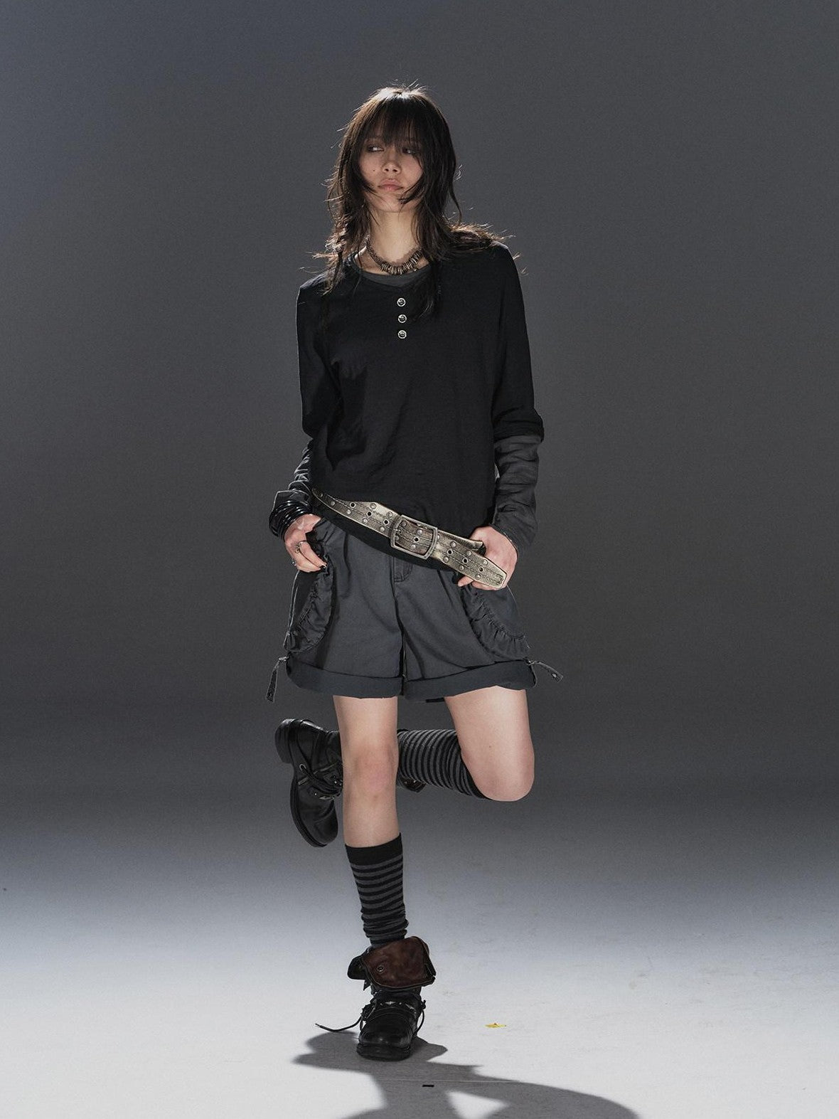 wear And tear Black Gray Spliced Double Collar Button Women&