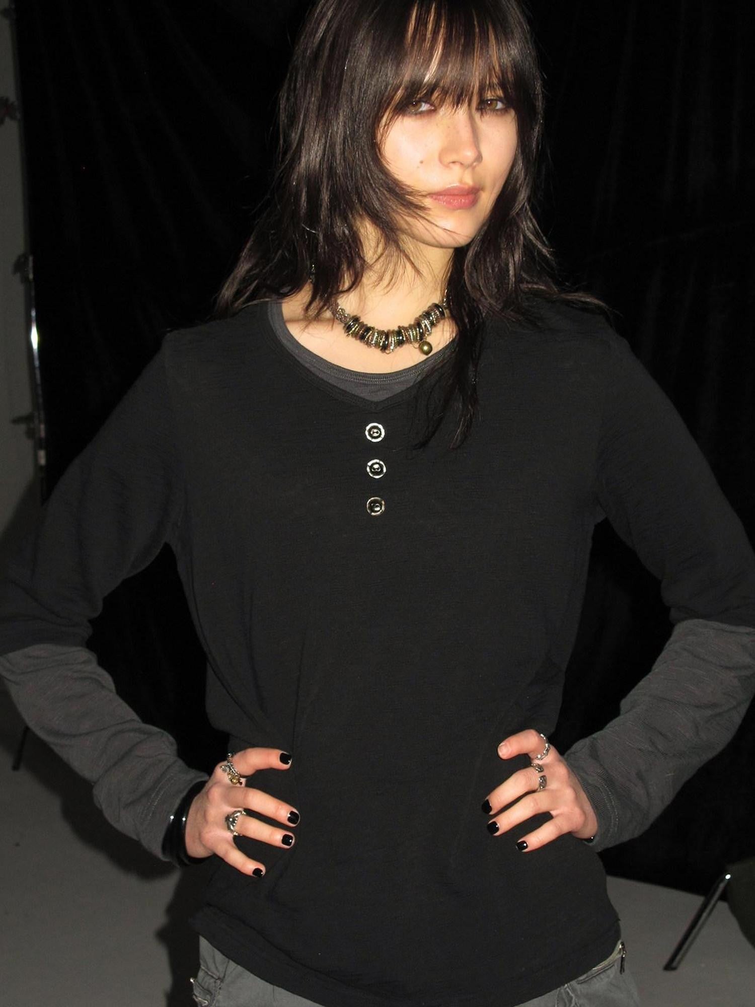wear And tear Black Gray Spliced Double Collar Button Women&