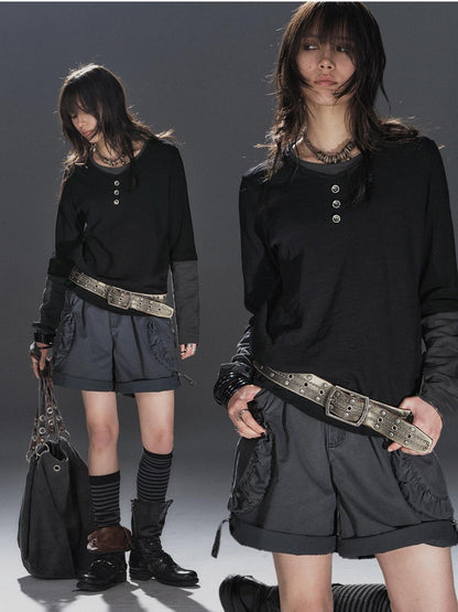 wear And tear Black Gray Spliced Double Collar Button Women&