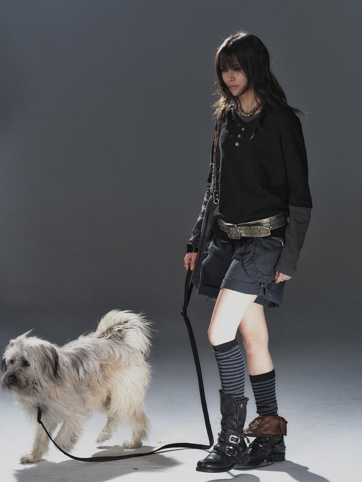 wear And tear Black Gray Spliced Double Collar Button Women&