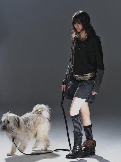 wear And tear Black Gray Spliced Double Collar Button Women&