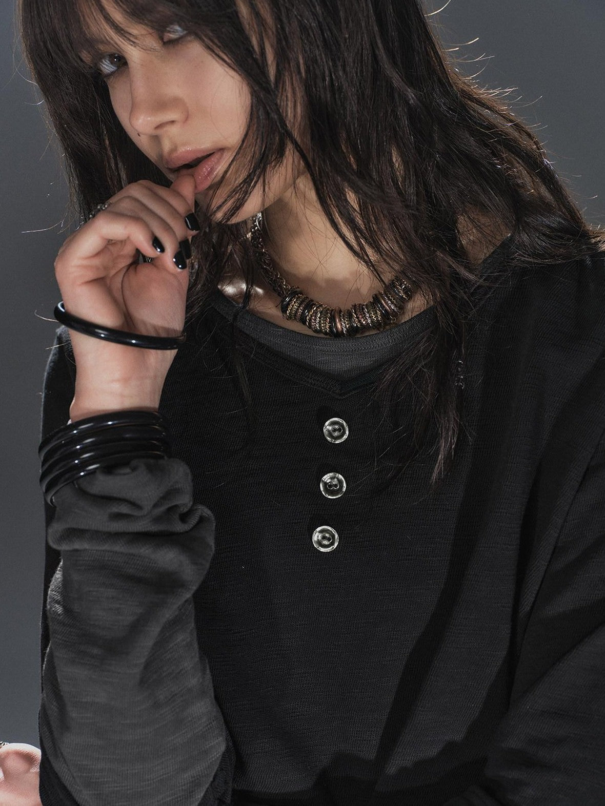 wear And tear Black Gray Spliced Double Collar Button Women&