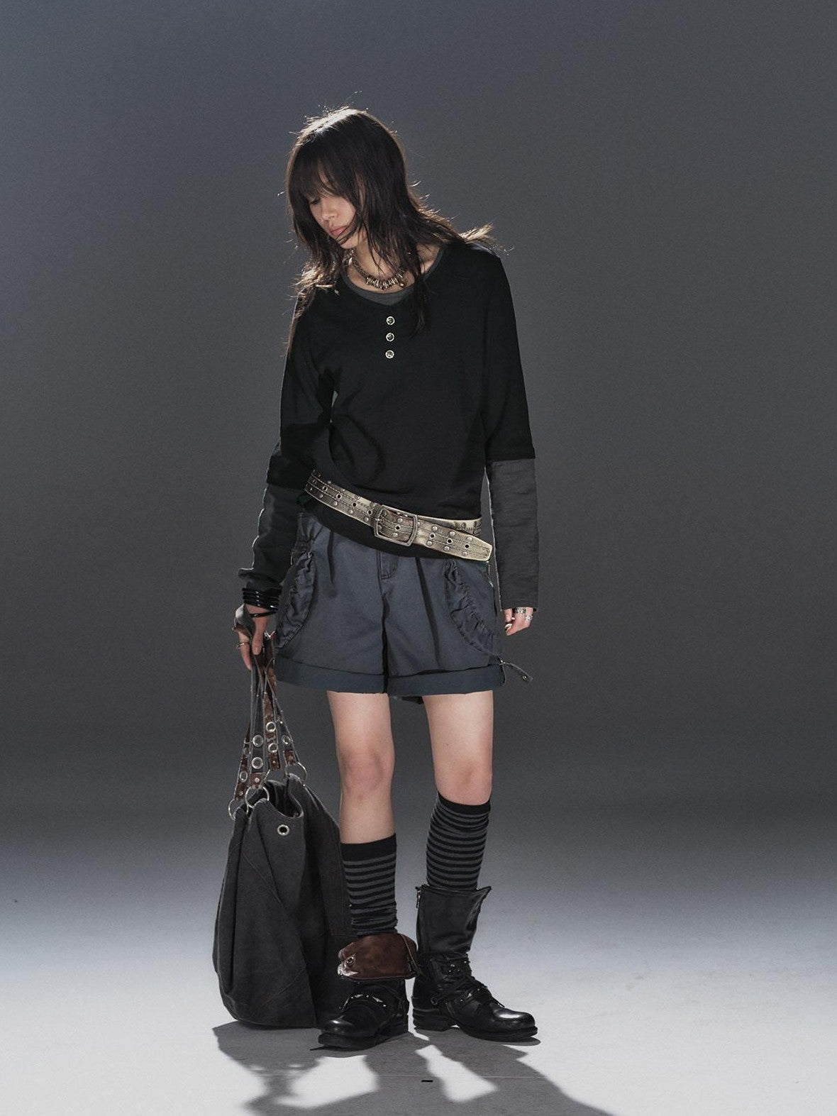 wear And tear Black Gray Spliced Double Collar Button Women&