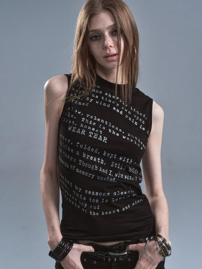 wear And tear Black High Neck Distressed Letter Print Slim Women&