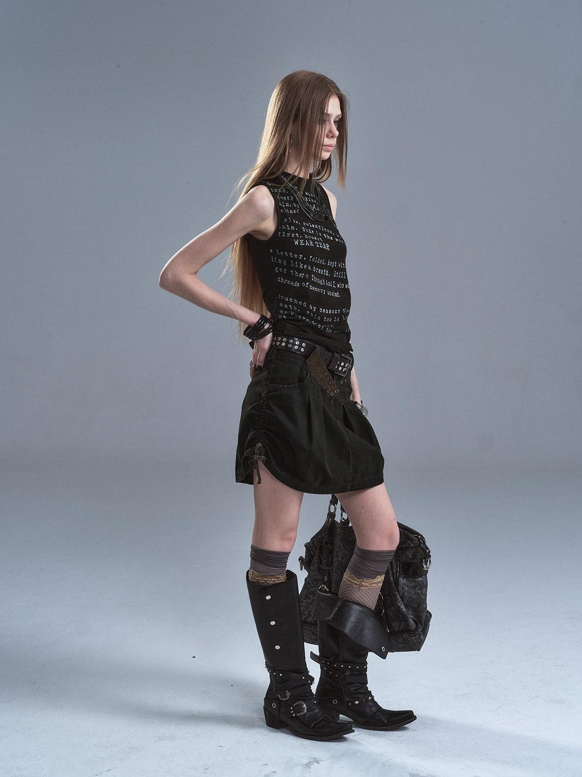 wear And tear Black High Neck Distressed Letter Print Slim Women&