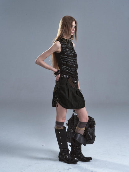 wear And tear Black High Neck Distressed Letter Print Slim Women&