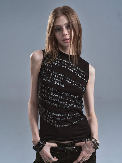 wear And tear Black High Neck Distressed Letter Print Slim Women&