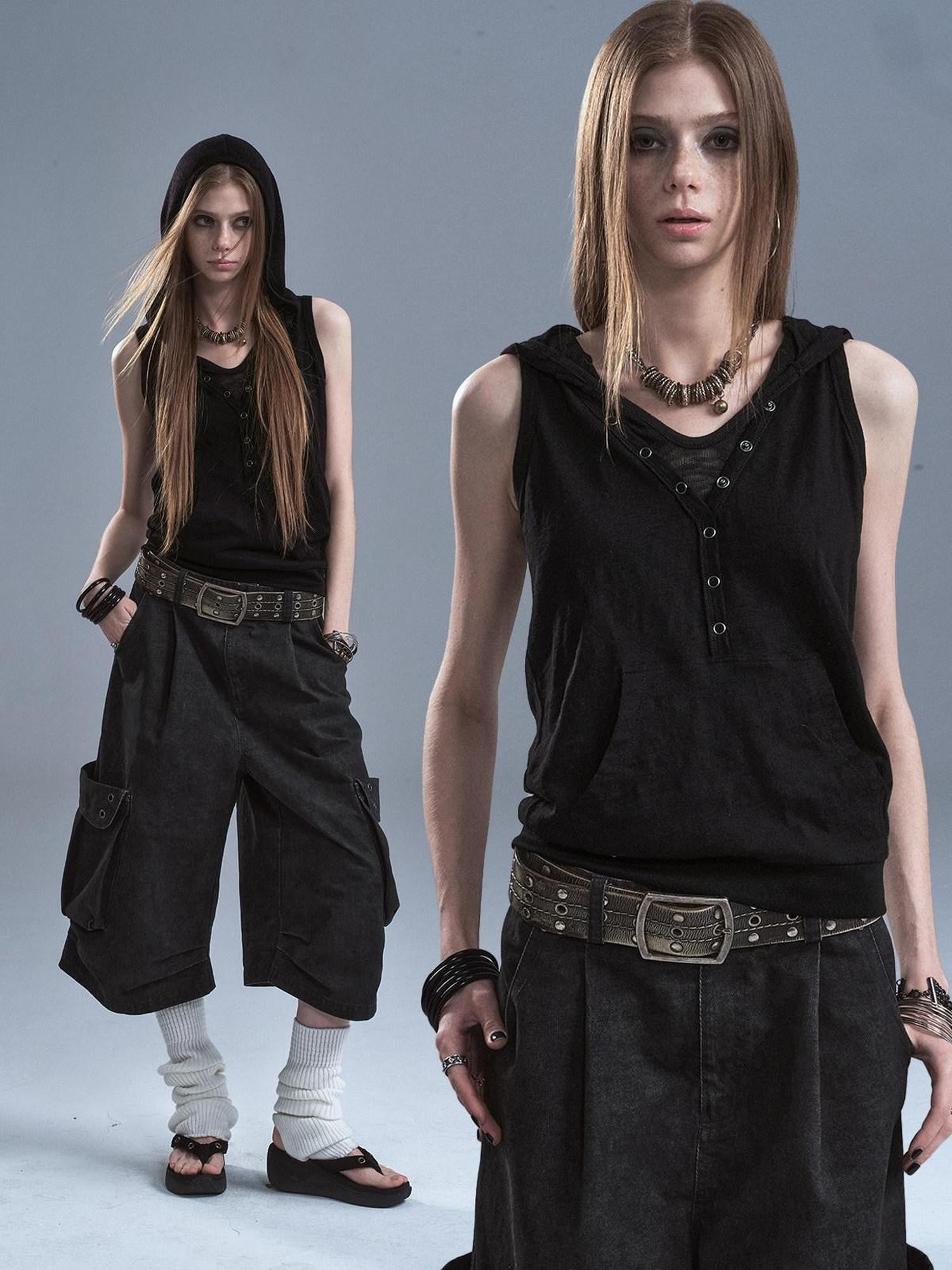 wear And tear Black Hooded Contrast Kangaroo Pocket Faux Layered Women&