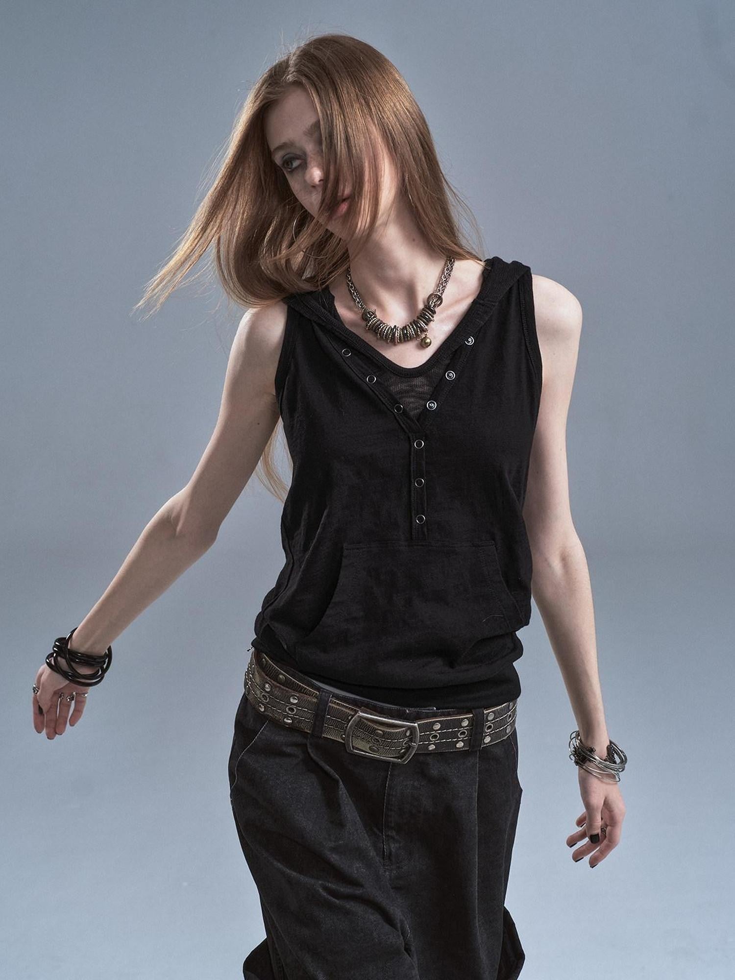 wear And tear Black Hooded Contrast Kangaroo Pocket Faux Layered Women&