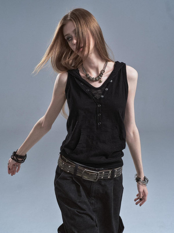 Black Hooded Contrast Kangaroo Pocket Faux Layered Women'S Cotton Tank Tops