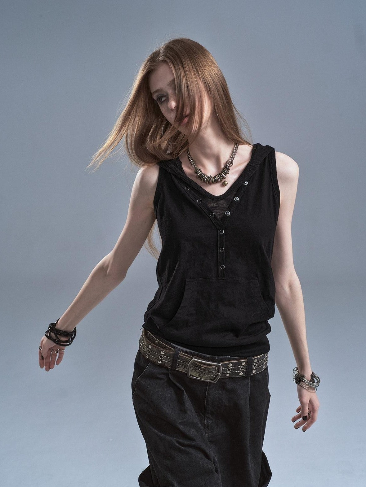 wear And tear Black Hooded Contrast Kangaroo Pocket Faux Layered Women&