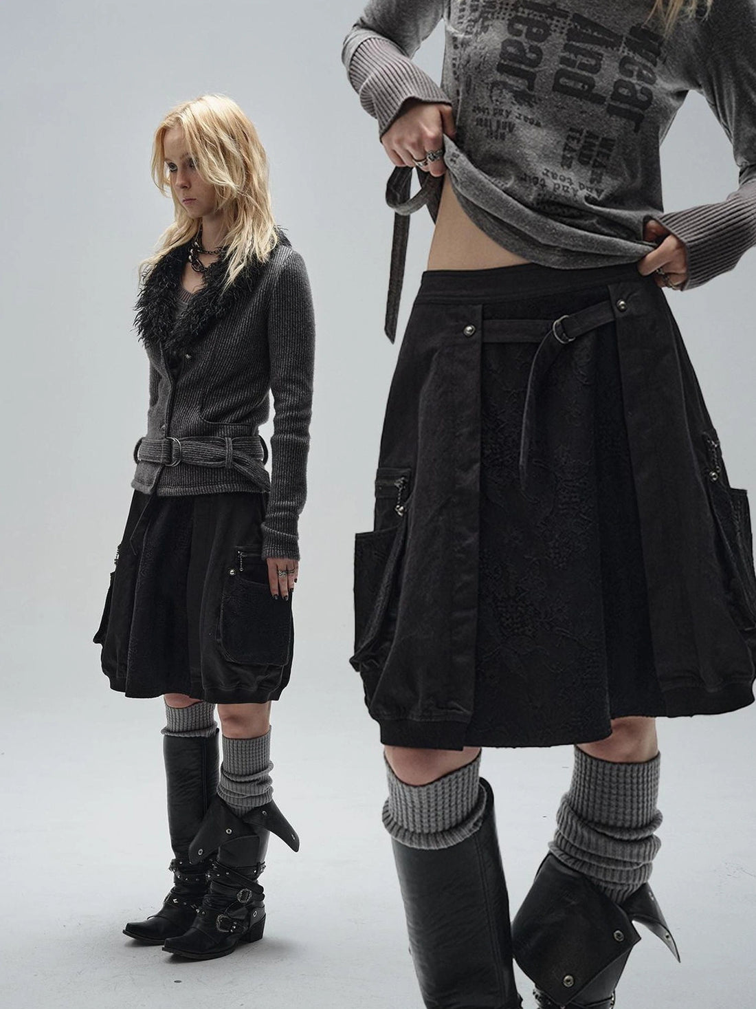 wear And tear Black Lace Metal Rivet Adjustable A Line Skirt