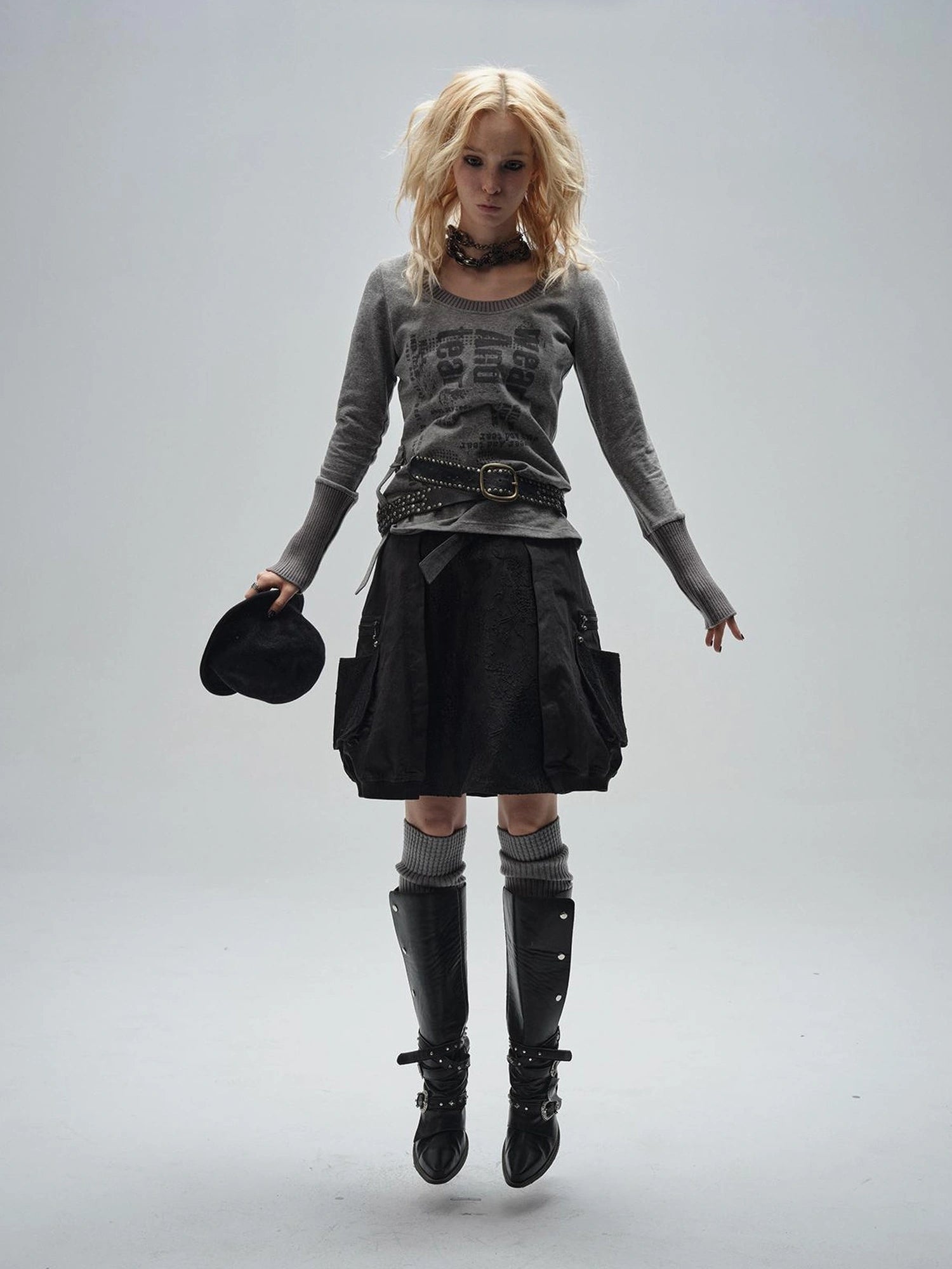 wear And tear Black Lace Metal Rivet Adjustable A Line Skirt