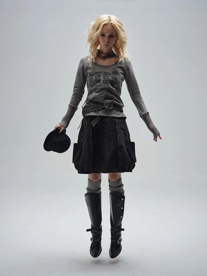 wear And tear Black Lace Metal Rivet Adjustable A Line Skirt