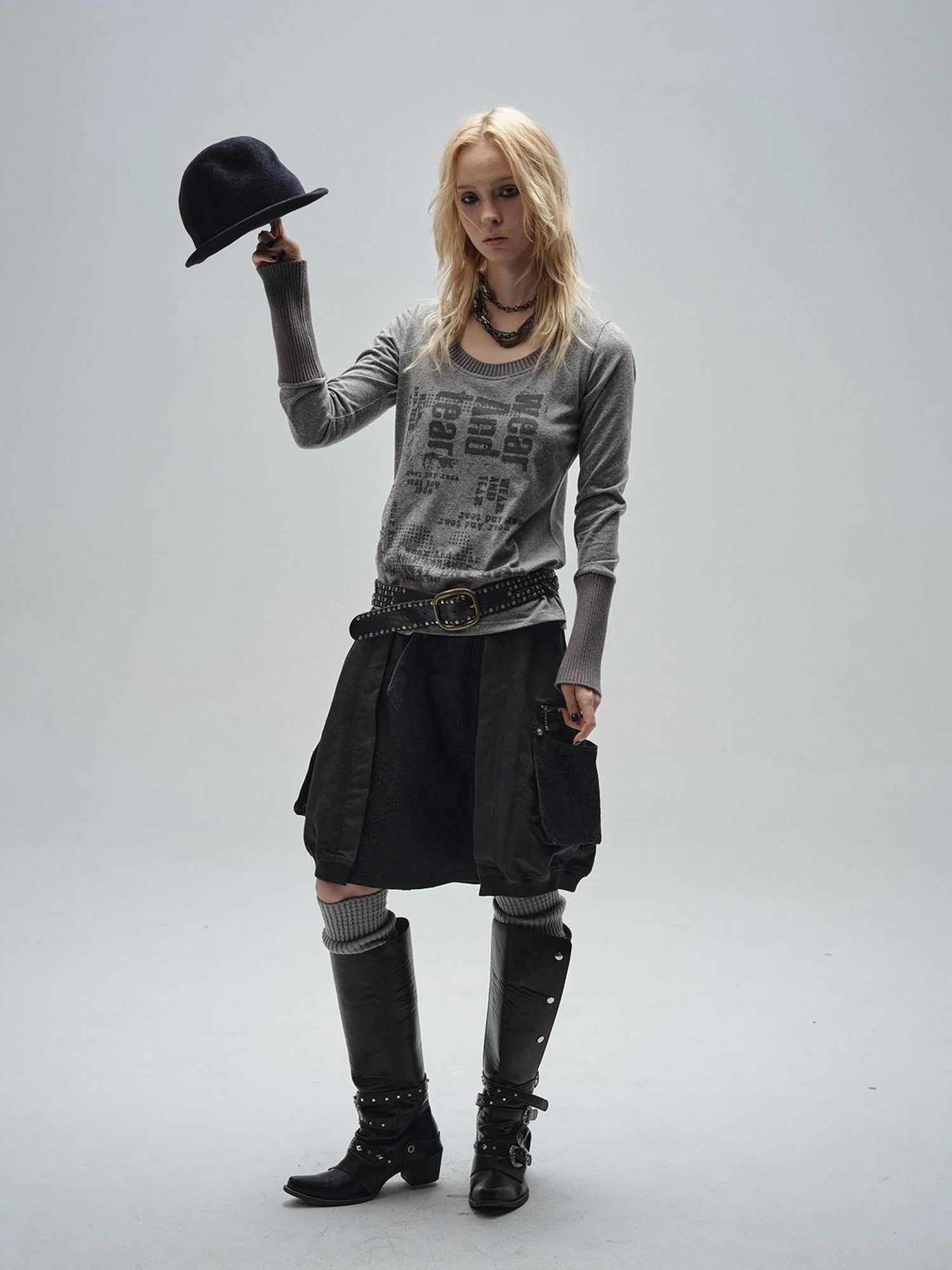wear And tear Black Lace Metal Rivet Adjustable A Line Skirt