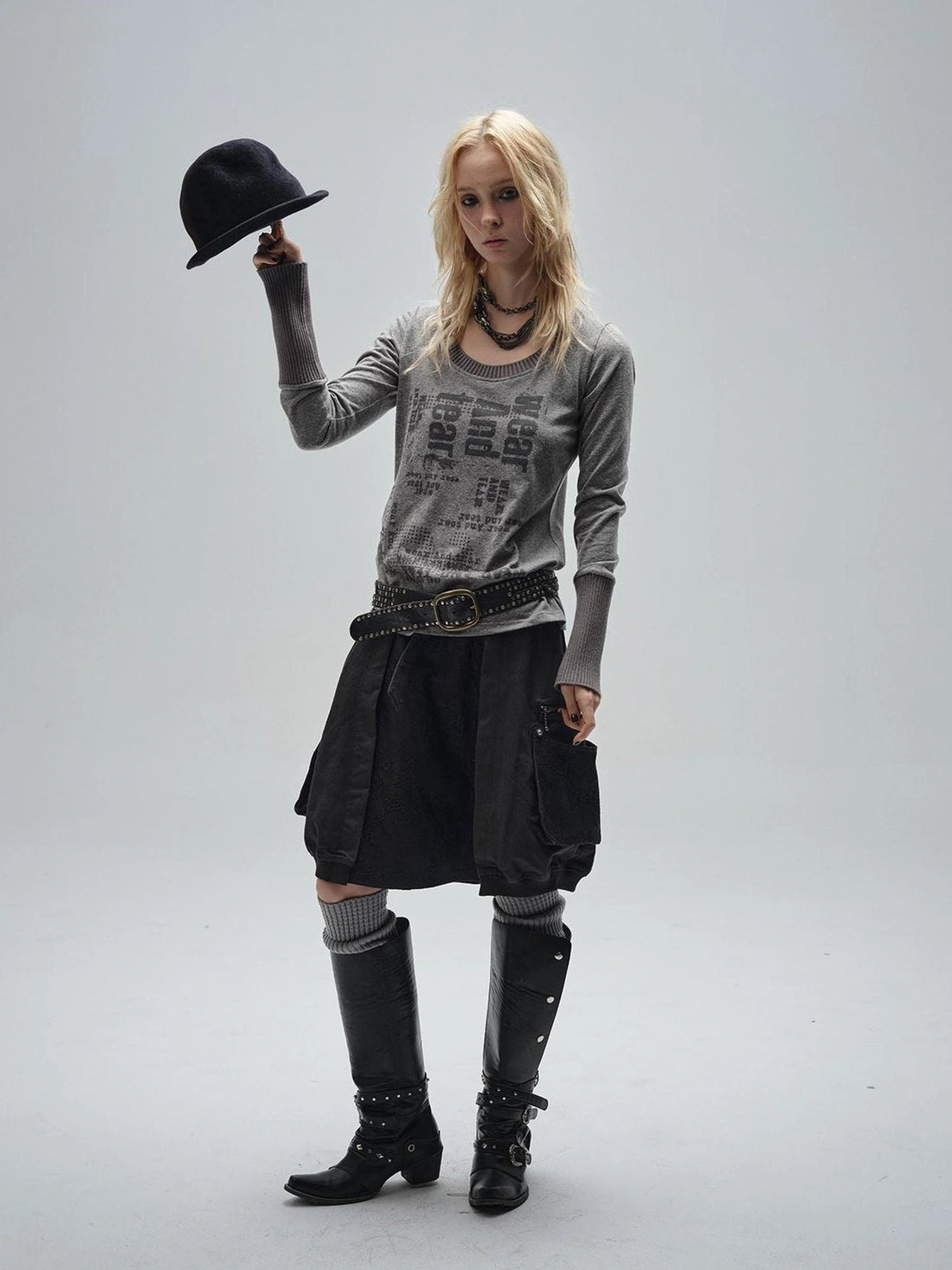 wear And tear Black Lace Metal Rivet Adjustable A Line Skirt