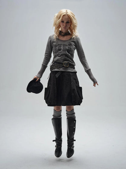 wear And tear Black Lace Metal Rivet Adjustable A Line Skirt