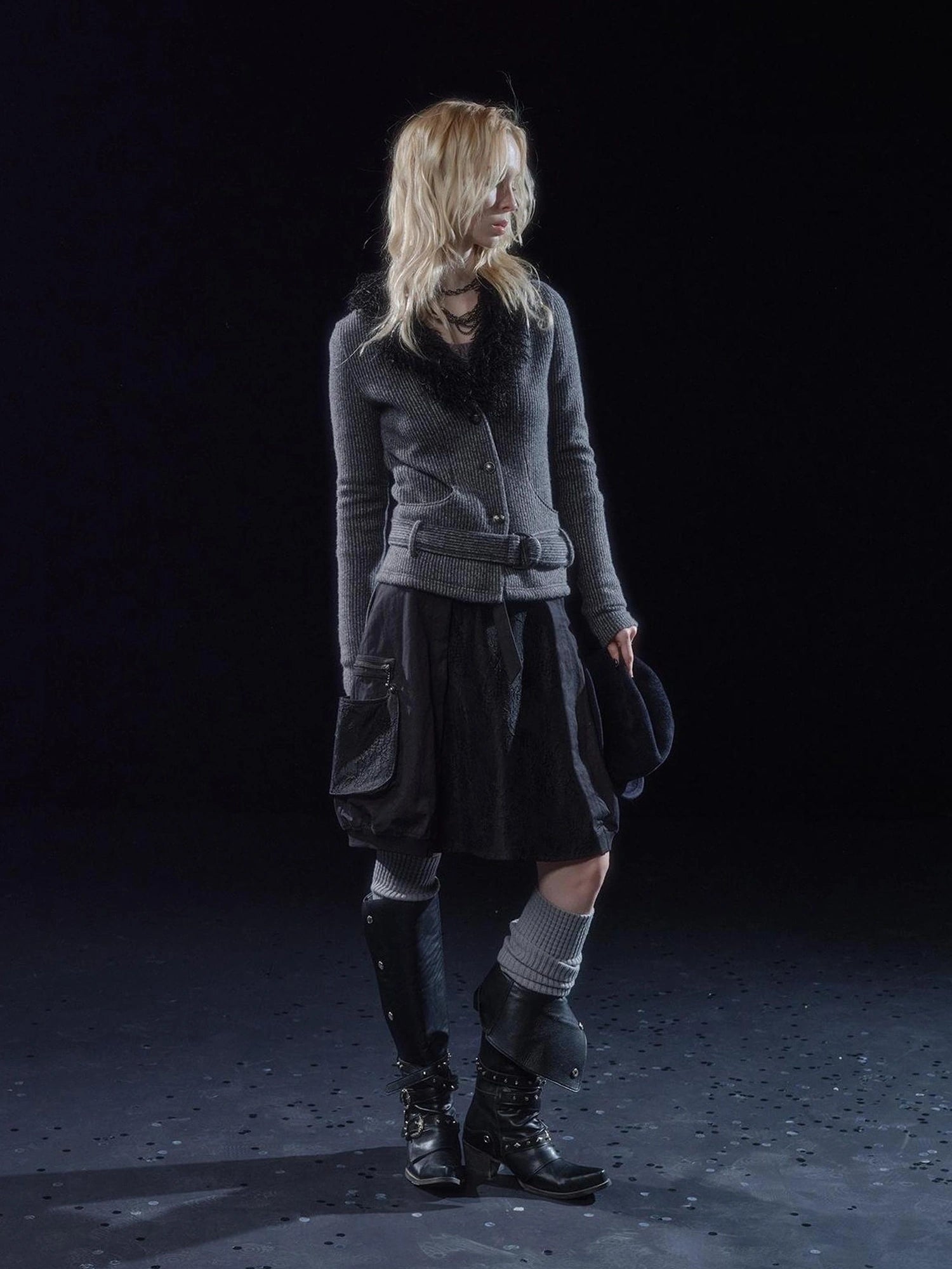 wear And tear Black Lace Metal Rivet Adjustable A Line Skirt
