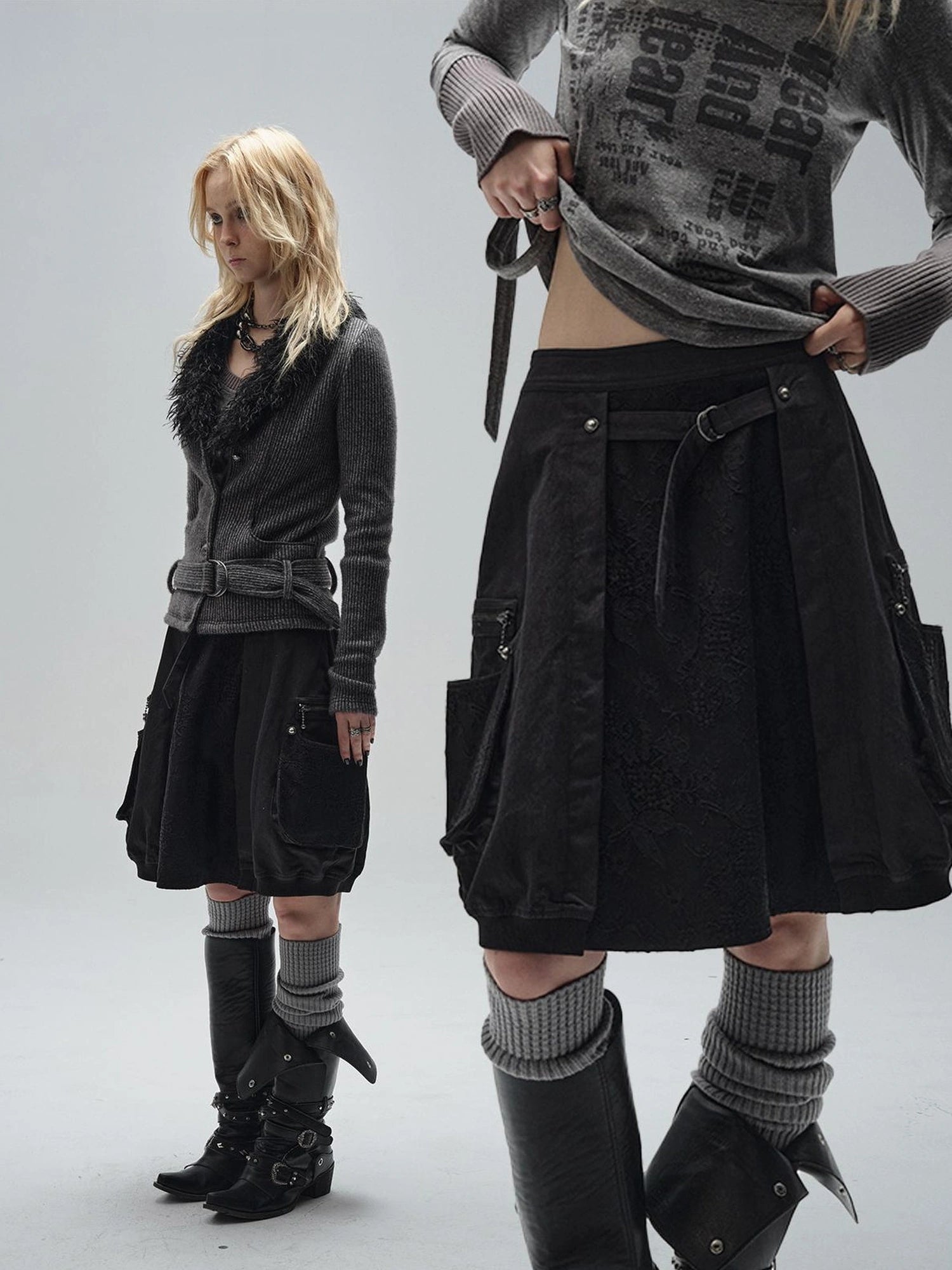 wear And tear Black Lace Metal Rivet Adjustable A Line Skirt