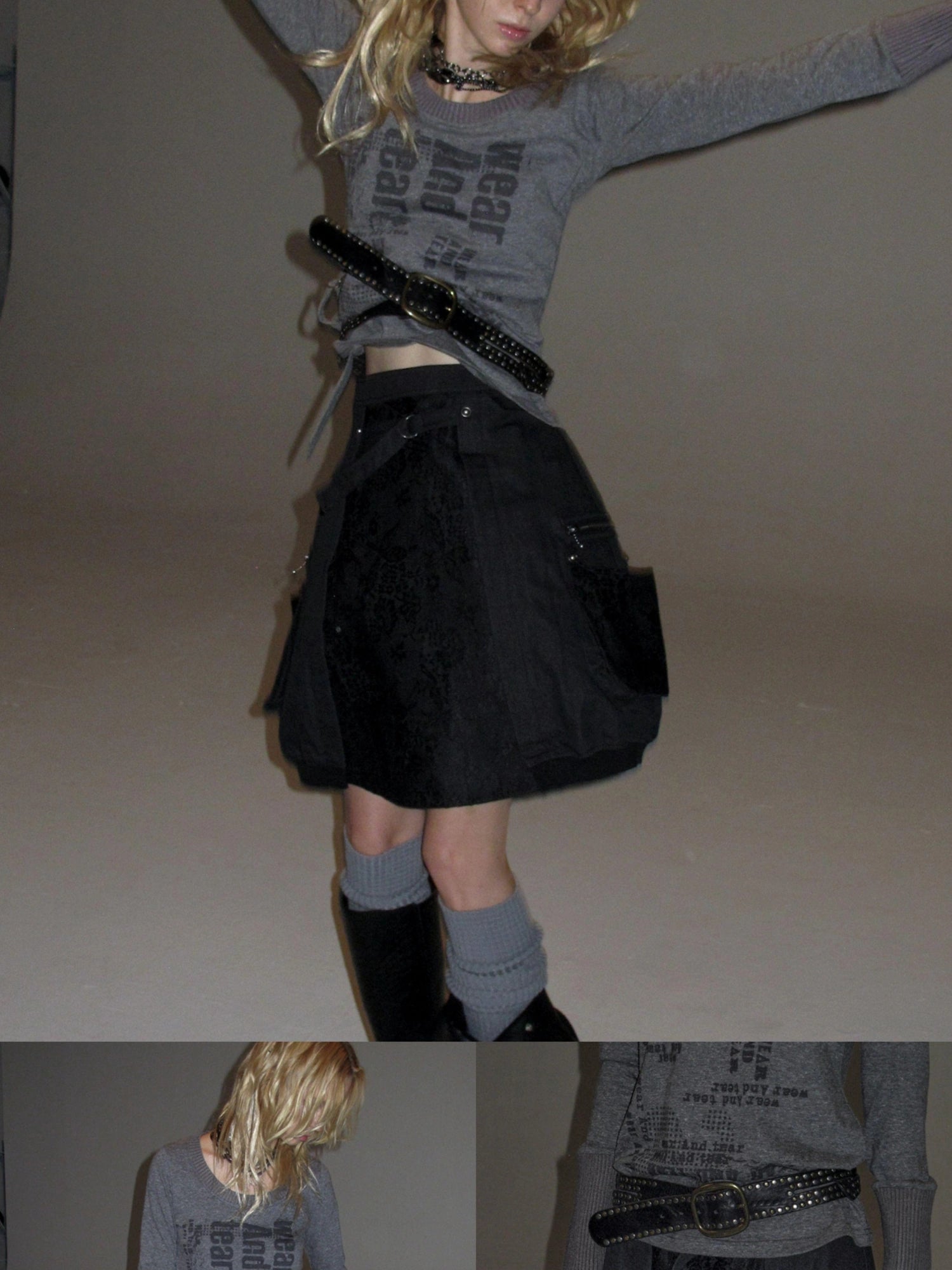wear And tear Black Lace Metal Rivet Adjustable A Line Skirt