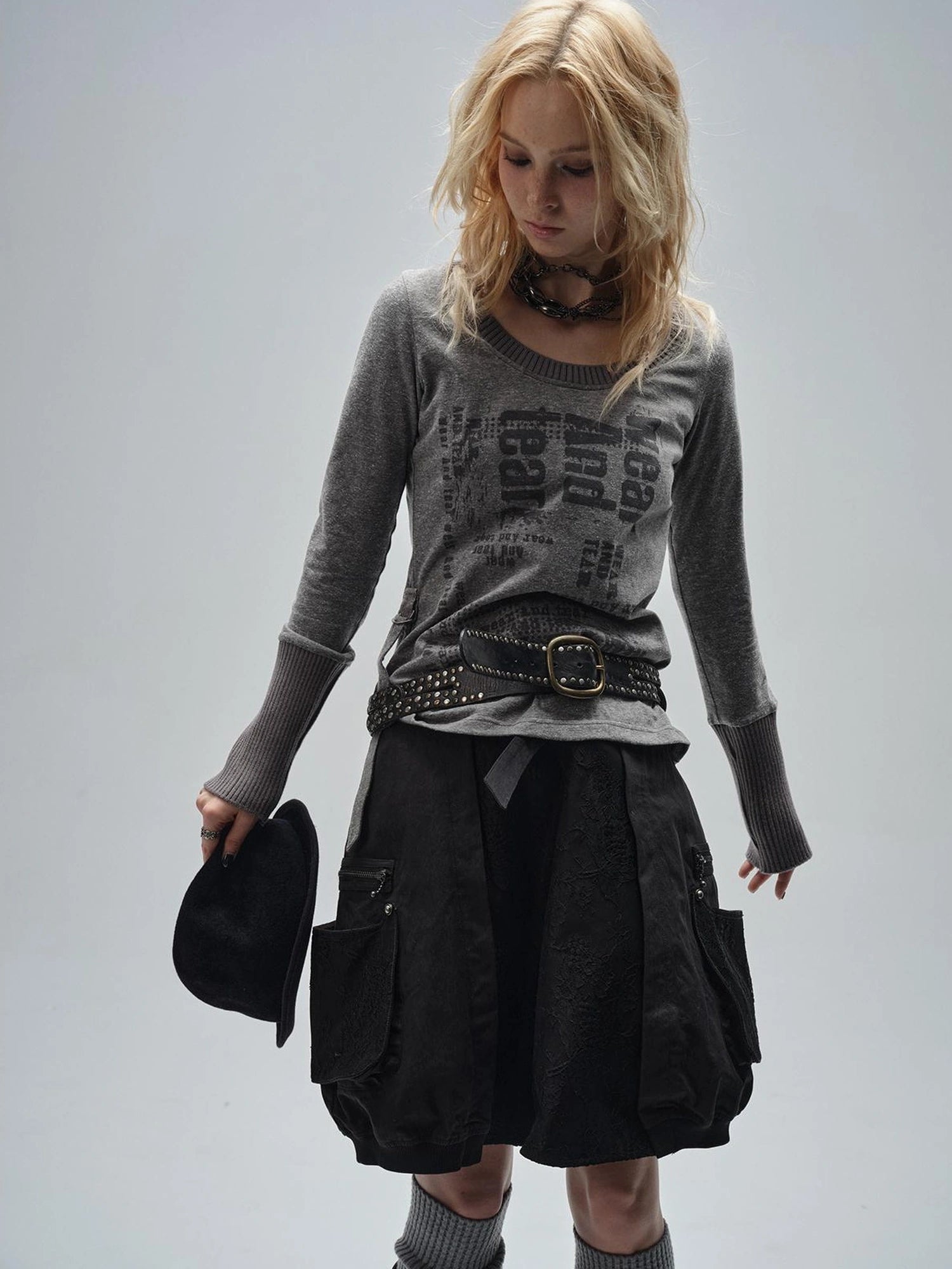 wear And tear Black Lace Metal Rivet Adjustable A Line Skirt