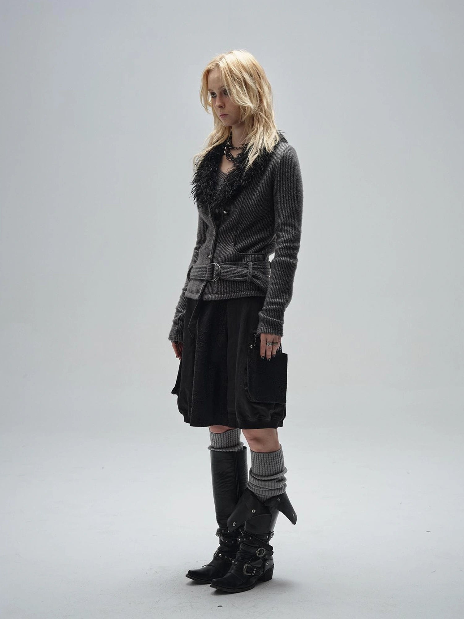 wear And tear Black Lace Metal Rivet Adjustable A Line Skirt