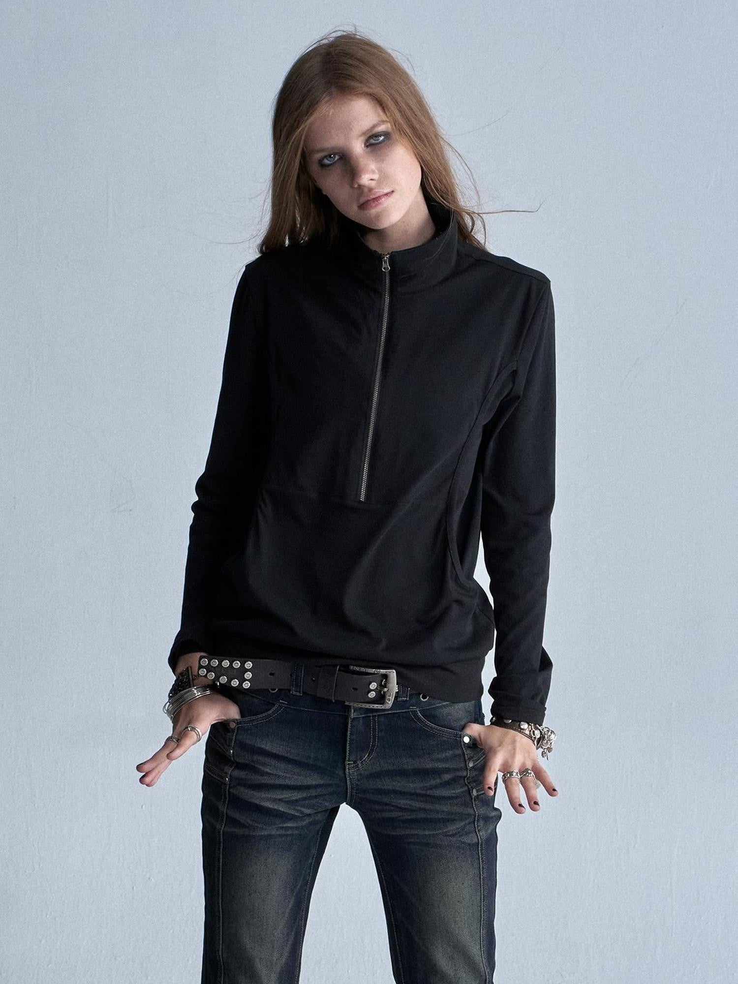 wear And tear Black Silver Print Faux Layered Collar Zipper Punk Women&
