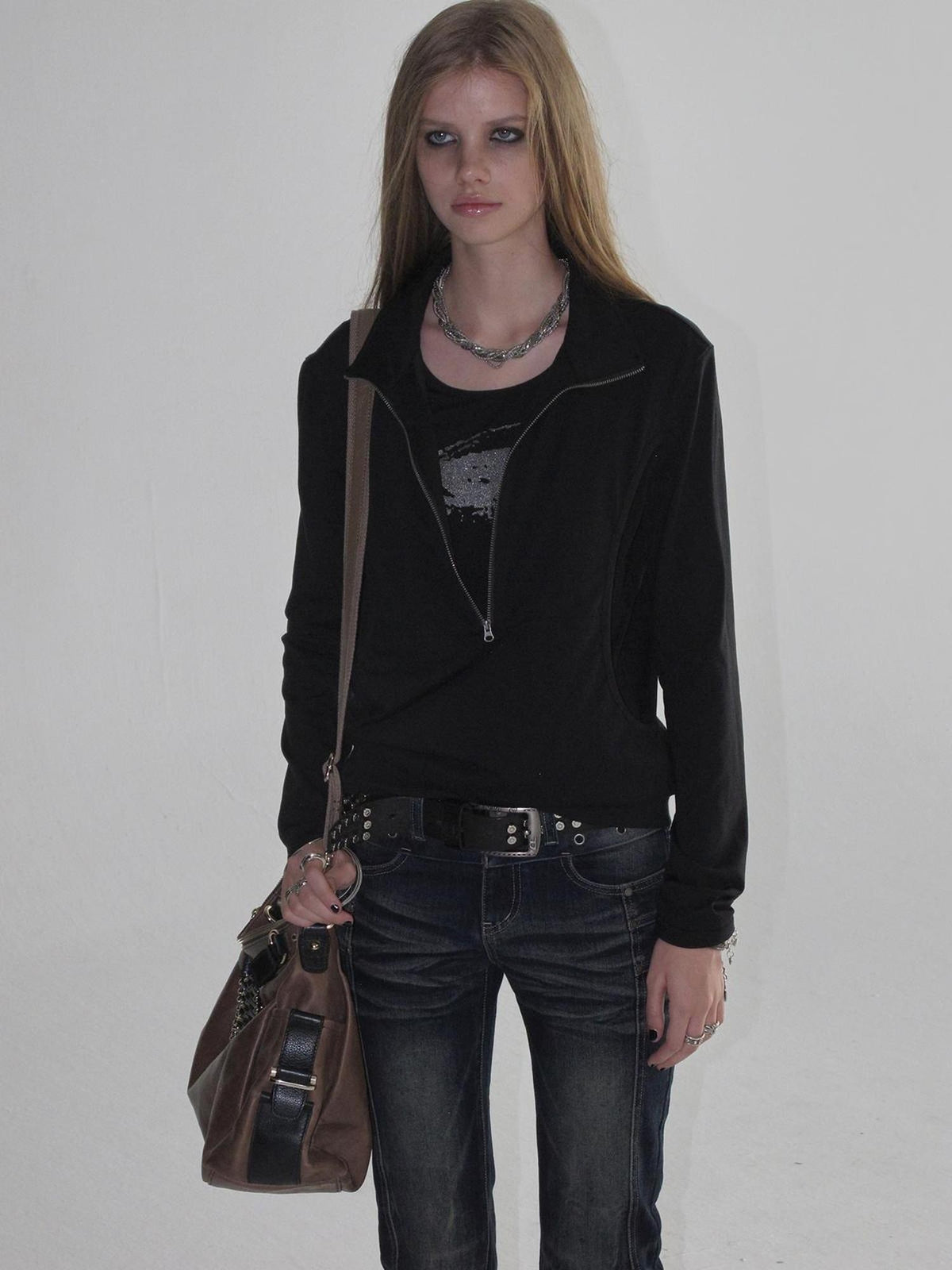 wear And tear Black Silver Print Faux Layered Collar Zipper Punk Women&