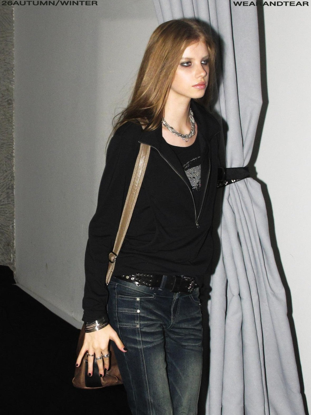wear And tear Black Silver Print Faux Layered Collar Zipper Punk Women&