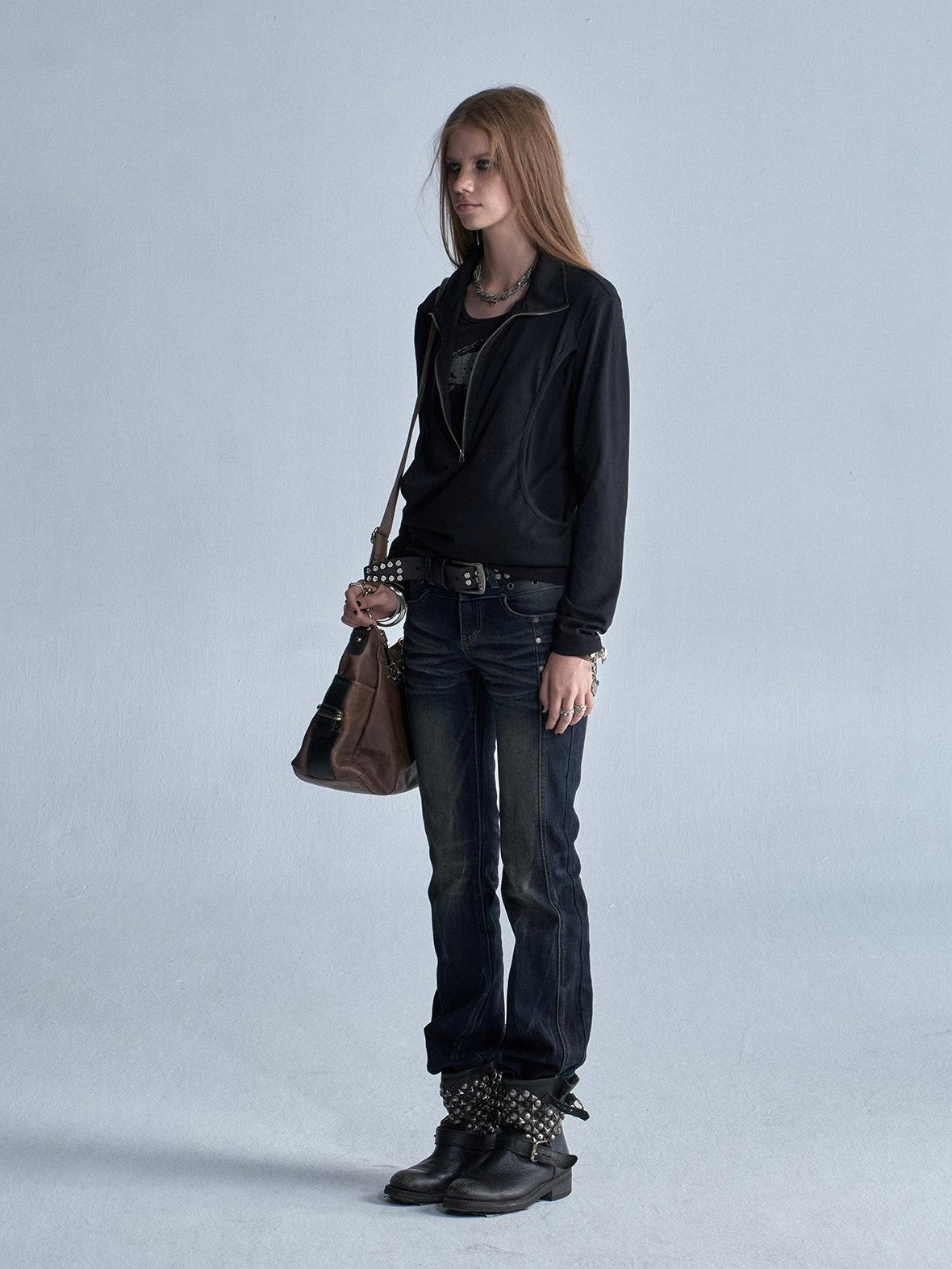 wear And tear Black Silver Print Faux Layered Collar Zipper Punk Women&