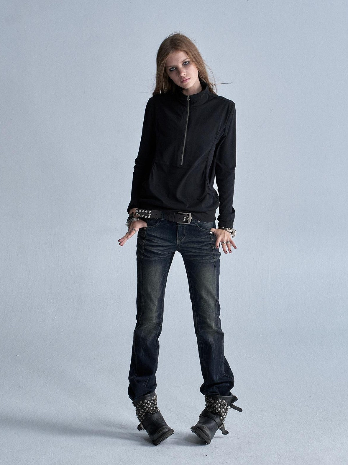 wear And tear Black Silver Print Faux Layered Collar Zipper Punk Women&