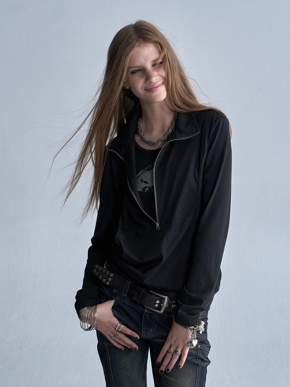 wear And tear Black Silver Print Faux Layered Collar Zipper Punk Women&