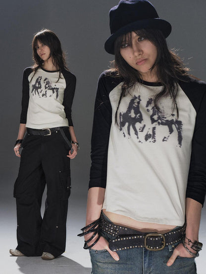 wear And tear Black White Pony Print Colorblock Raglan Women&