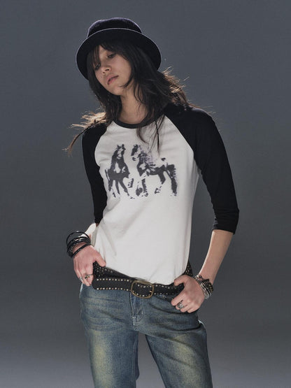 wear And tear Black White Pony Print Colorblock Raglan Women&