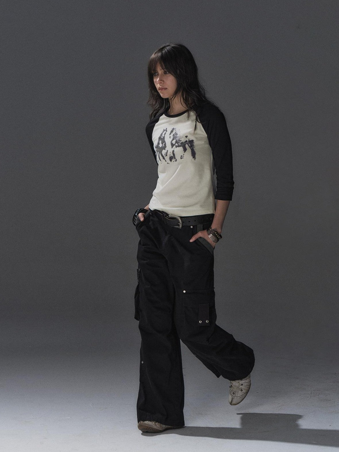 wear And tear Black White Pony Print Colorblock Raglan Women&