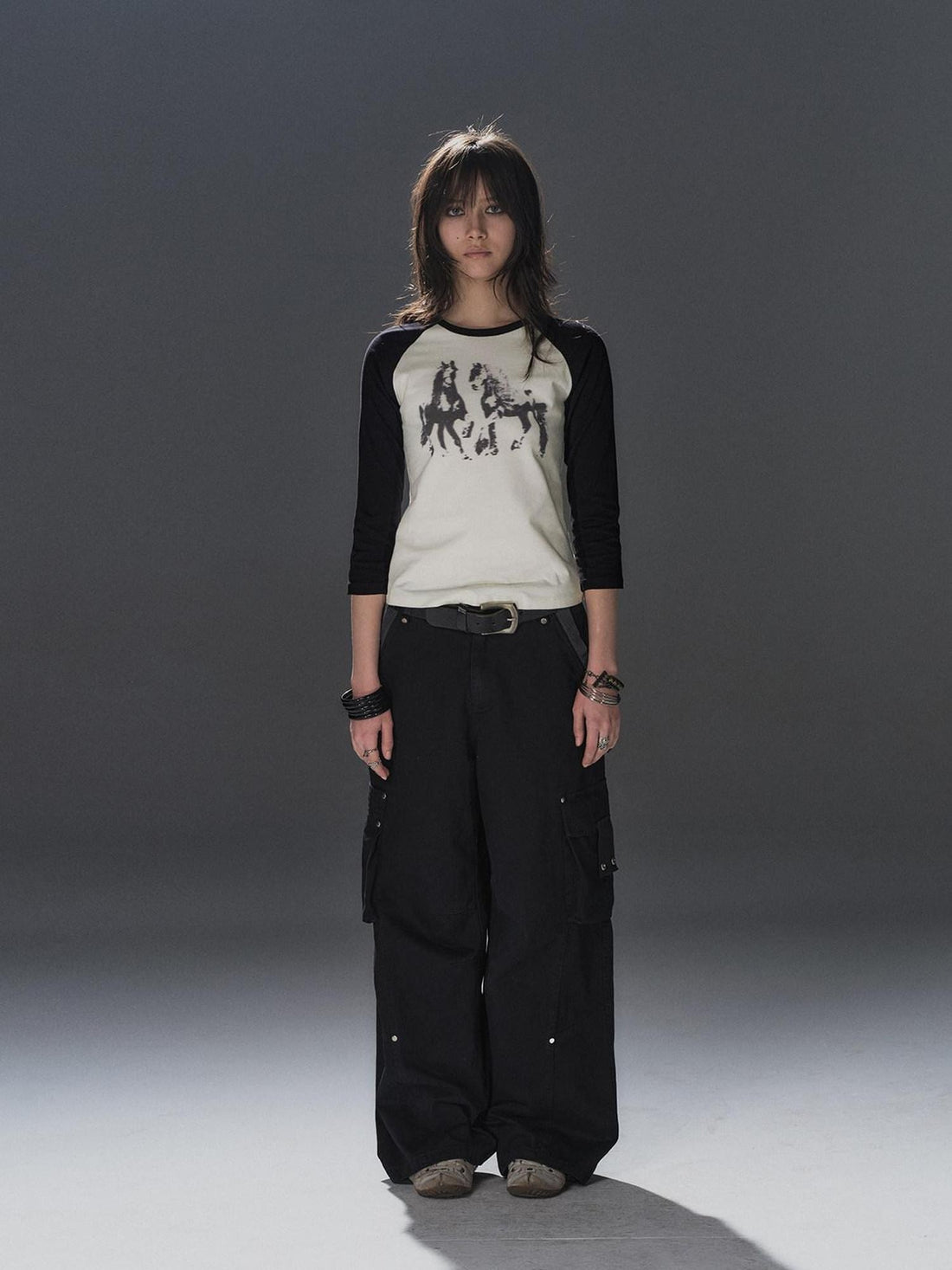 wear And tear Black White Pony Print Colorblock Raglan Women&