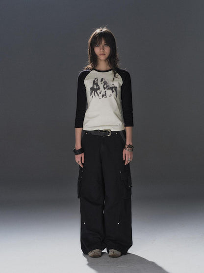 wear And tear Black White Pony Print Colorblock Raglan Women&