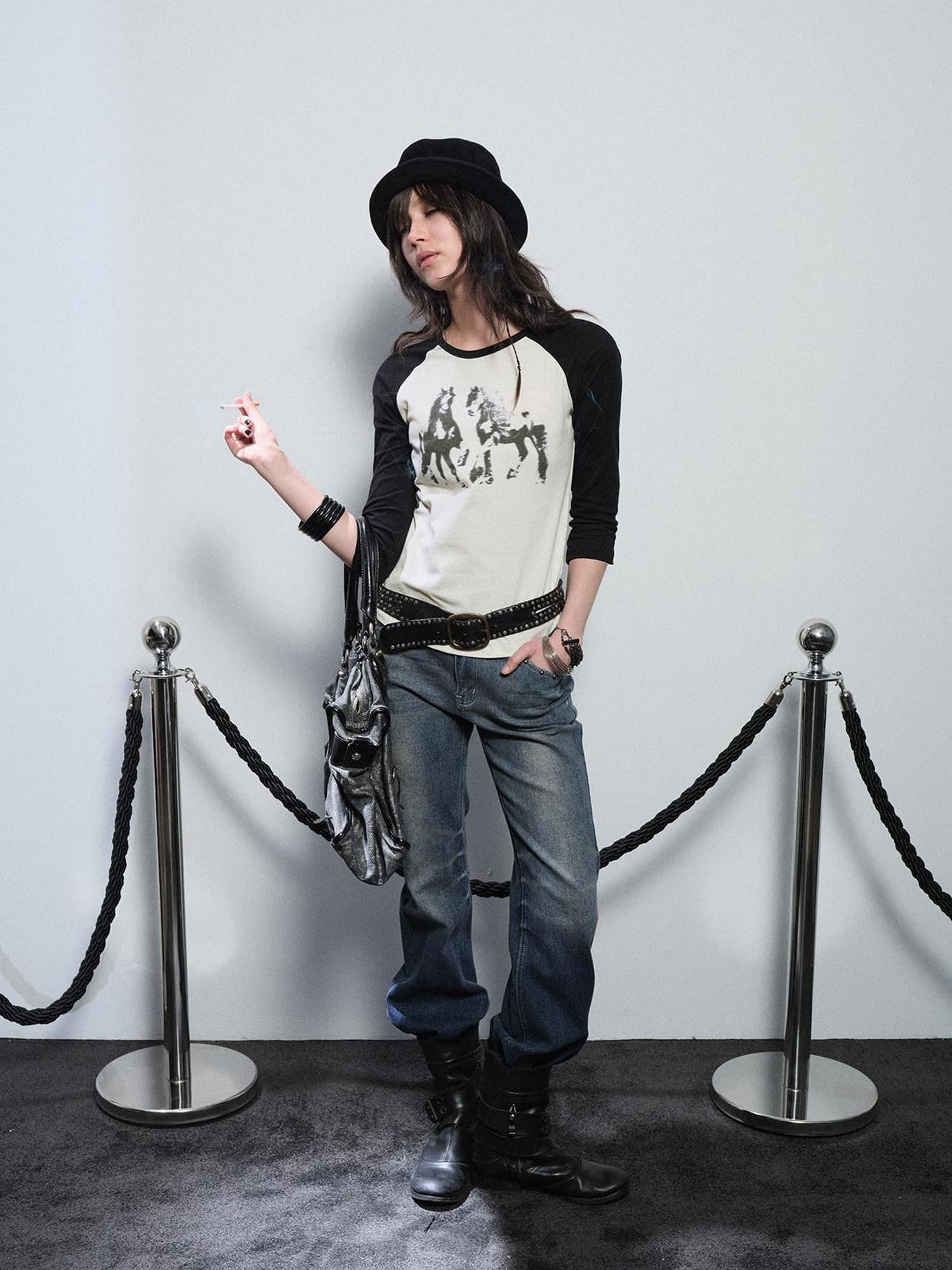 wear And tear Black White Pony Print Colorblock Raglan Women&