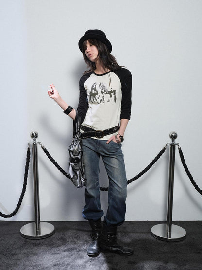 wear And tear Black White Pony Print Colorblock Raglan Women&