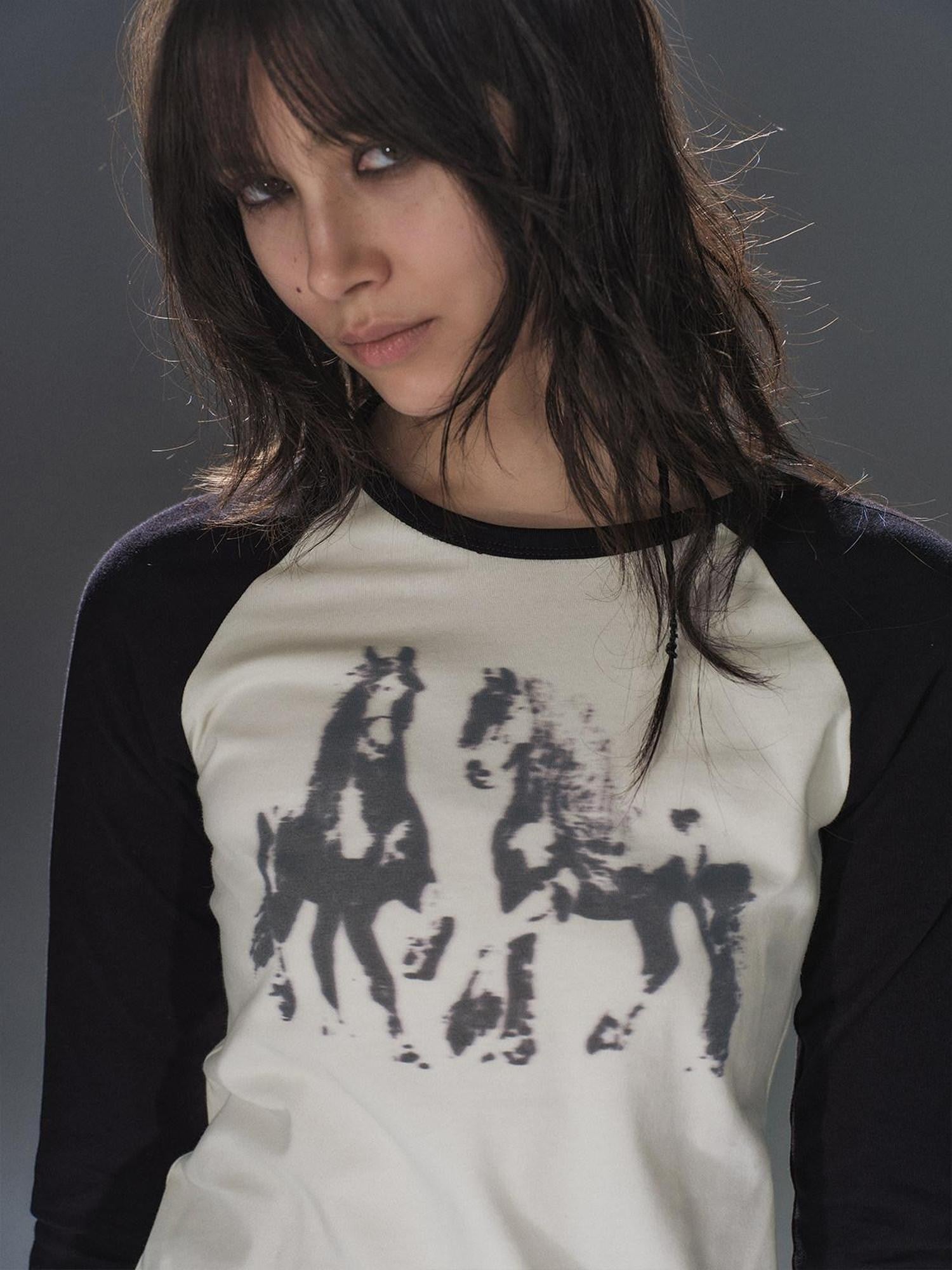 wear And tear Black White Pony Print Colorblock Raglan Women&