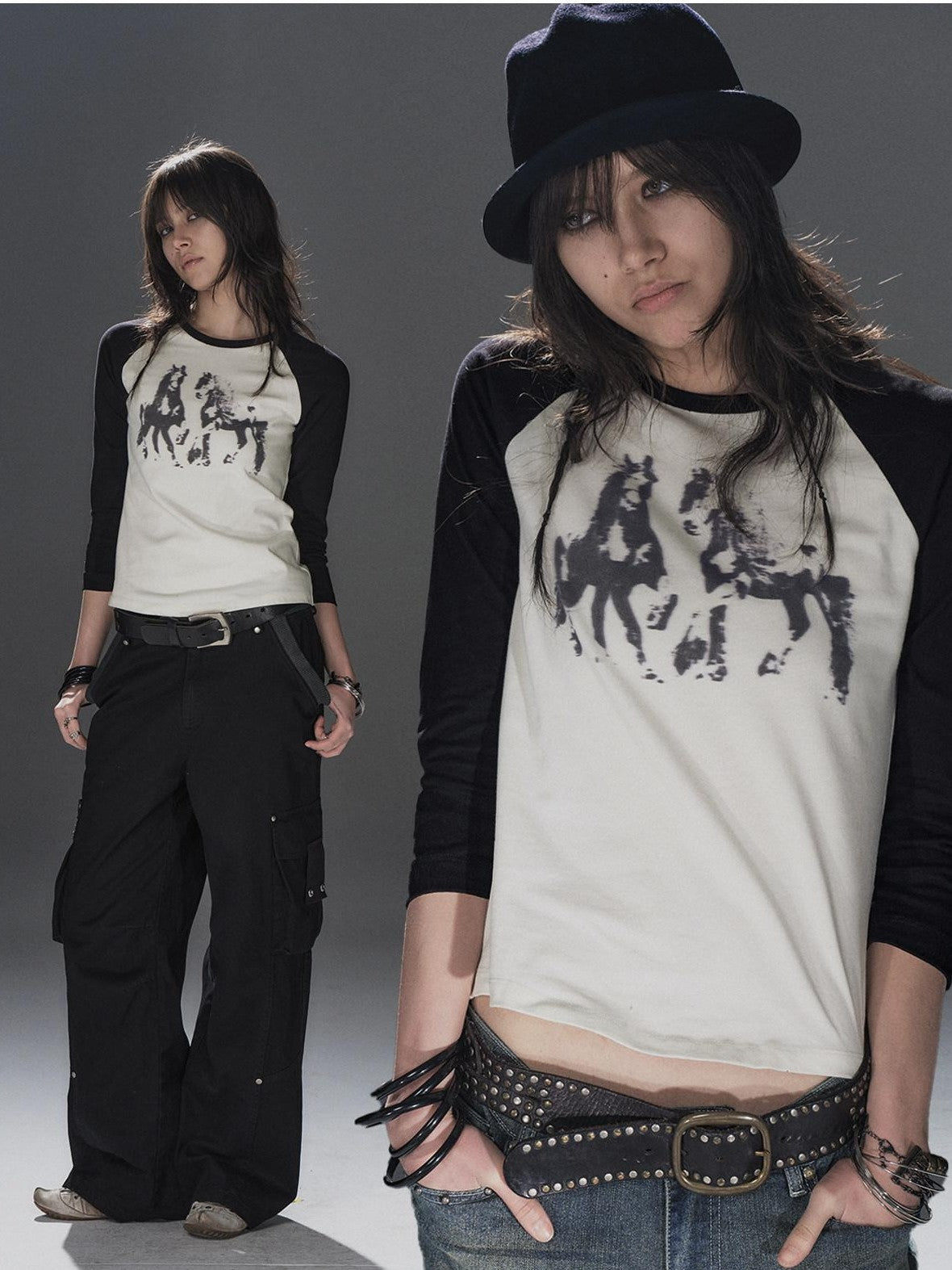 wear And tear Black White Pony Print Colorblock Raglan Women&