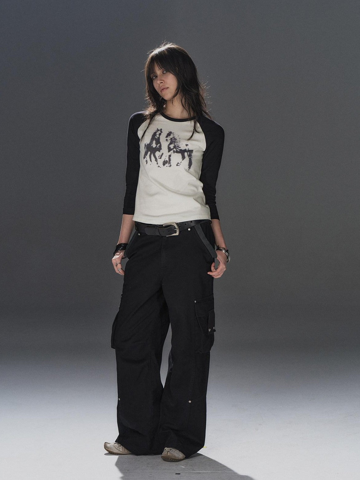 wear And tear Black White Pony Print Colorblock Raglan Women&
