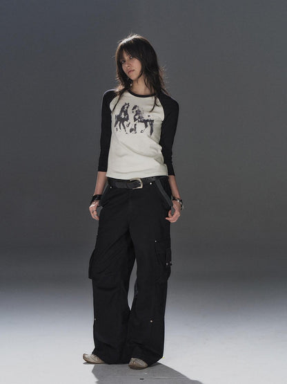 wear And tear Black White Pony Print Colorblock Raglan Women&
