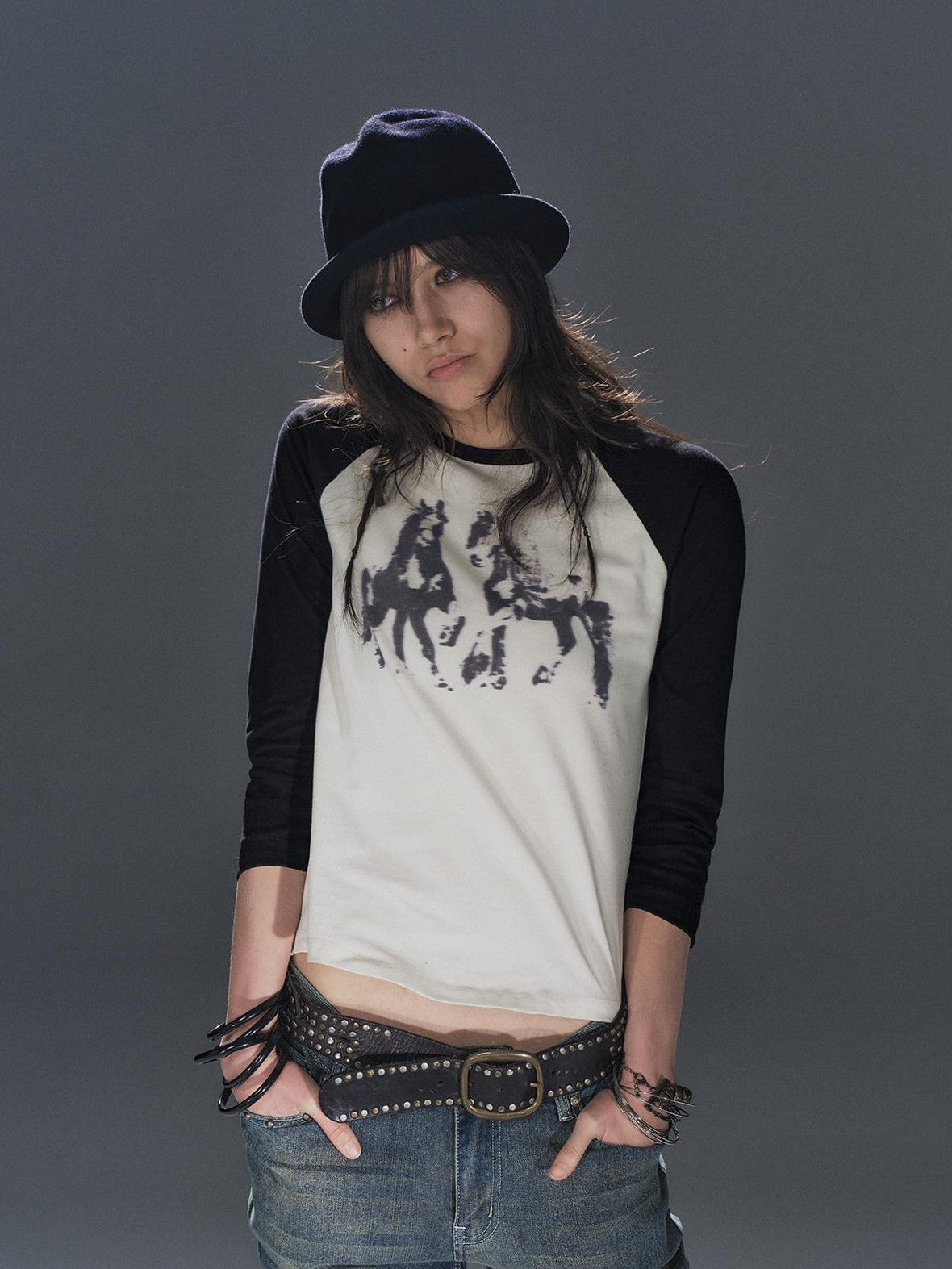 wear And tear Black White Pony Print Colorblock Raglan Women&