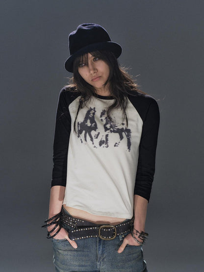 wear And tear Black White Pony Print Colorblock Raglan Women&