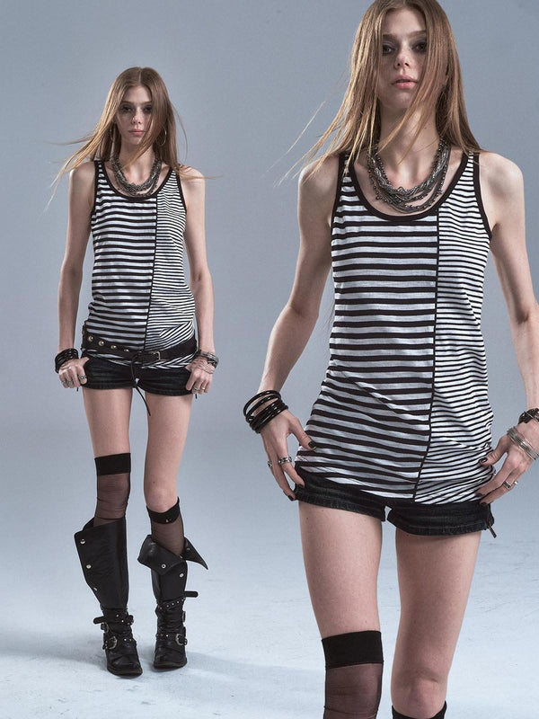 Black White Striped Asymmetric Diagonal Hem Women's Cotton Tank Tops