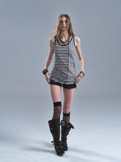 wear And tear Black White Striped Asymmetric Diagonal Hem Women&