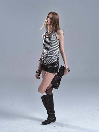 wear And tear Black White Striped Asymmetric Diagonal Hem Women&