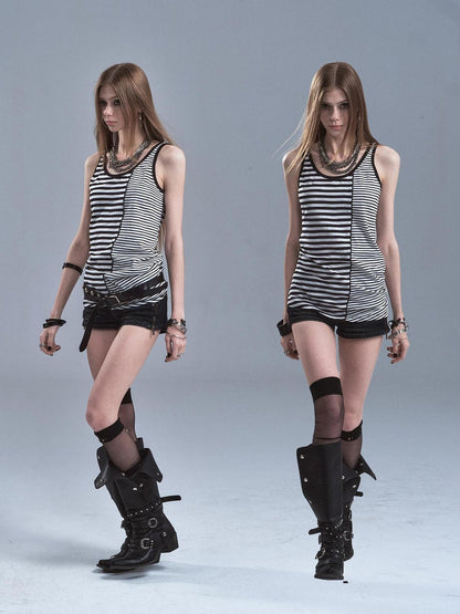 wear And tear Black White Striped Asymmetric Diagonal Hem Women&